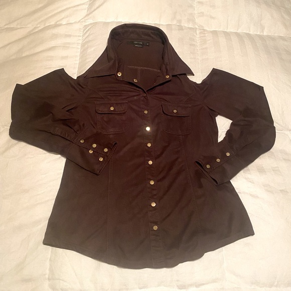 Vertigo, M women’s off the shoulder cut out/ long sleeve faux suede brown top - Picture 1 of 13